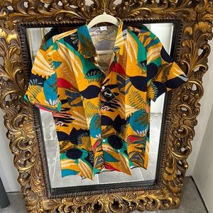 Hoooyi Tropical plant Button Down Shirt Short Sleeve Size L